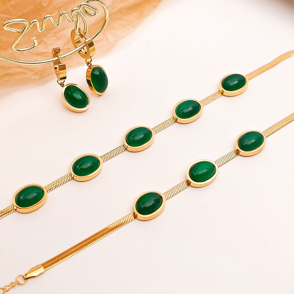 💚Oval Green Crystal Pendant Necklace Set With Bracelet & Earnings💚