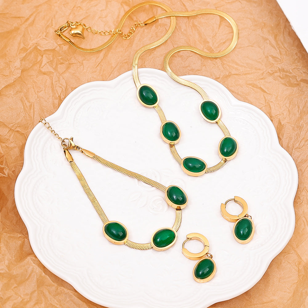 💚Oval Green Crystal Pendant Necklace Set With Bracelet & Earnings💚