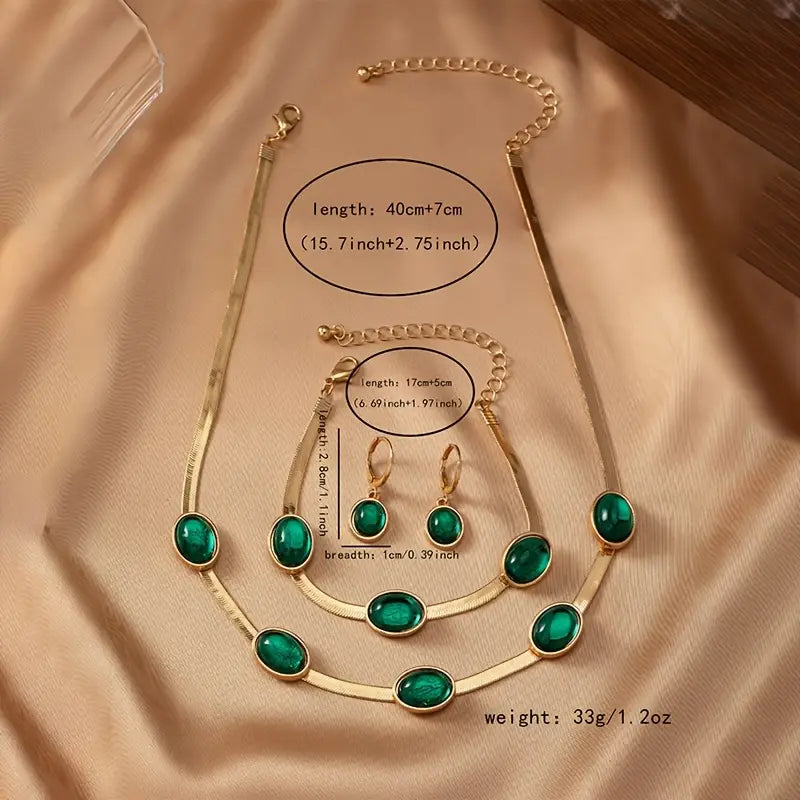 💚Oval Green Crystal Pendant Necklace Set With Bracelet & Earnings💚