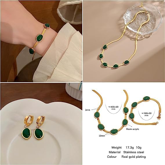 💚Oval Green Crystal Pendant Necklace Set With Bracelet & Earnings💚